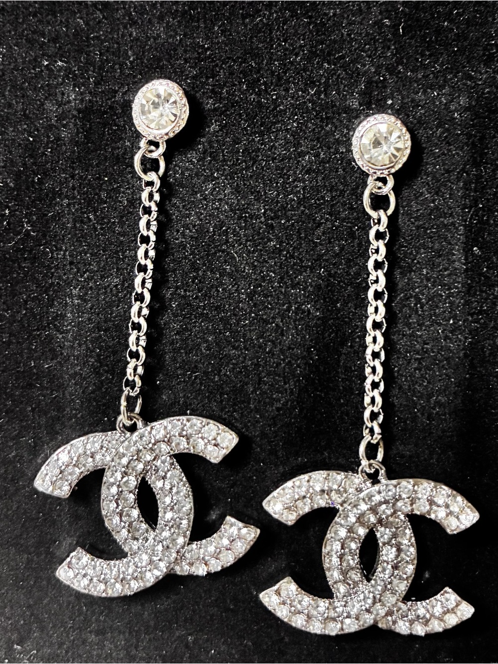 Double C  Crystal Accent  Silver -Tone Dangle Logo Earrings STUNNING  2.5 “DROP